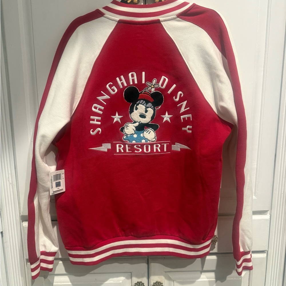 “NWT Disney Parks Shanghai Minnie Mouse Varsity Jacket Red White Large”